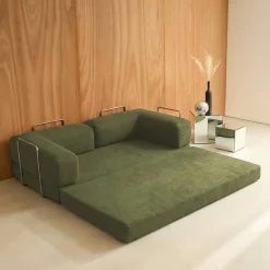 Sofá-cama conversível em veludo canelado com estrutura cromada, 3 lugares