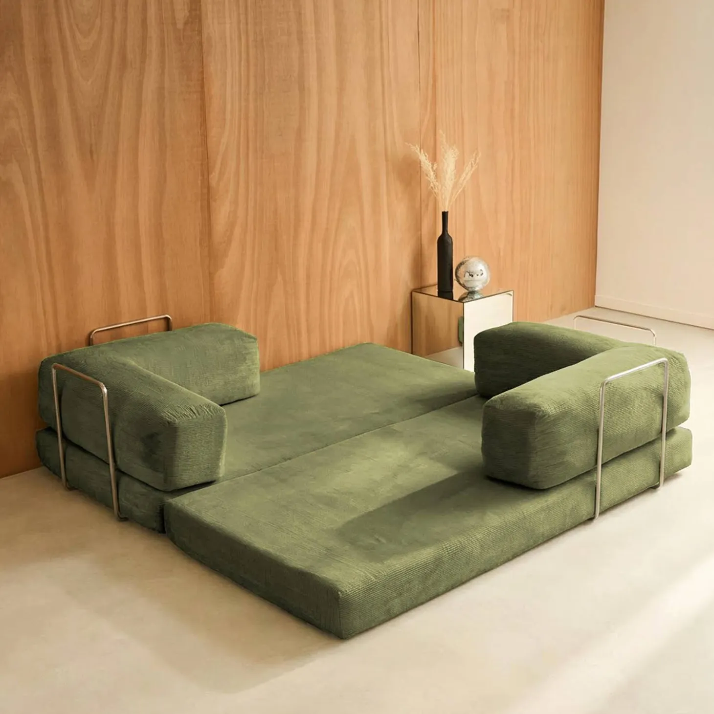 Sofá-cama conversível em veludo canelado com estrutura cromada, 3 lugares