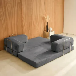 Sofá-cama conversível em veludo canelado com estrutura cromada, 3 lugares