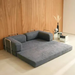 Sofá-cama conversível em veludo canelado com estrutura cromada, 3 lugares