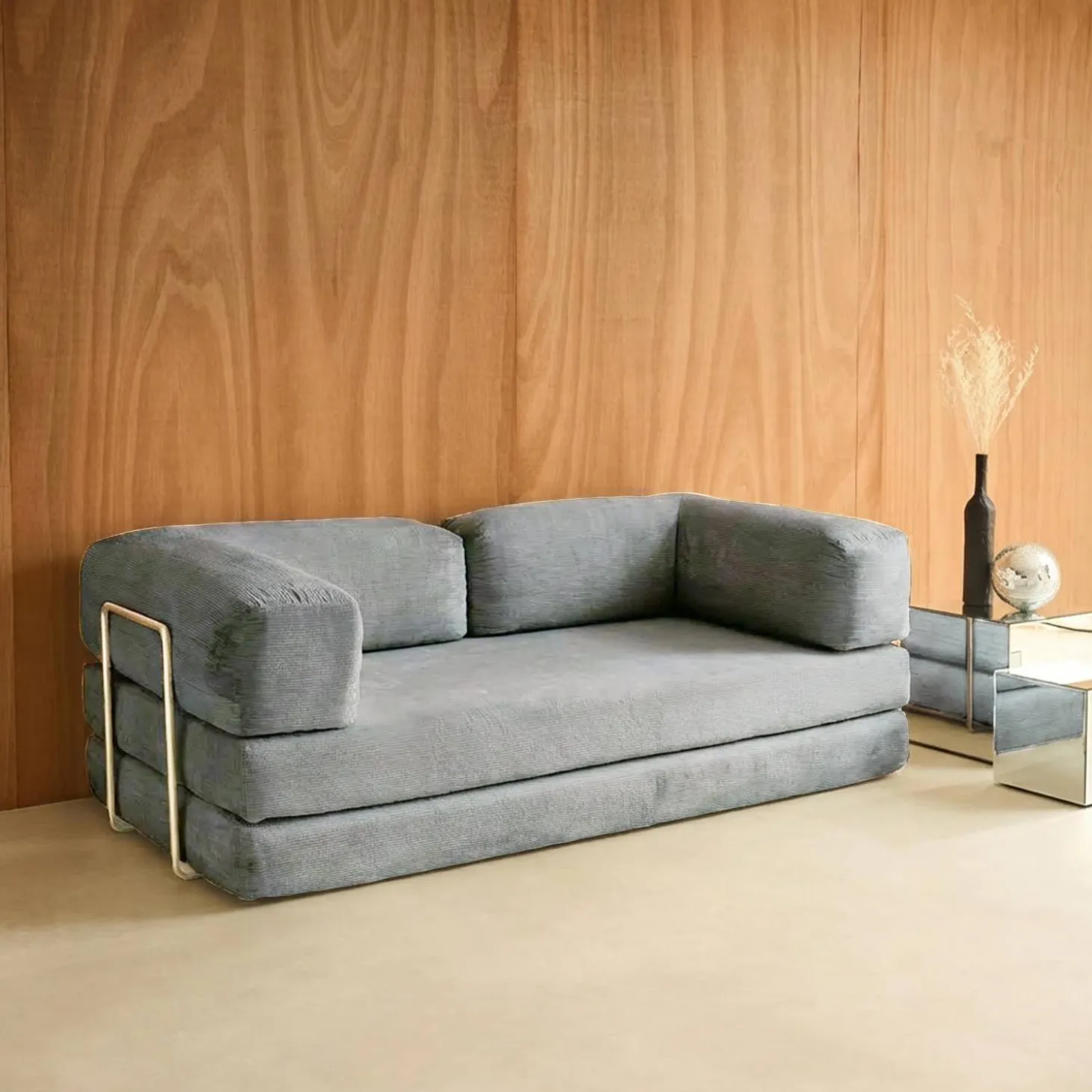 Sofá-cama conversível em veludo canelado com estrutura cromada, 3 lugares