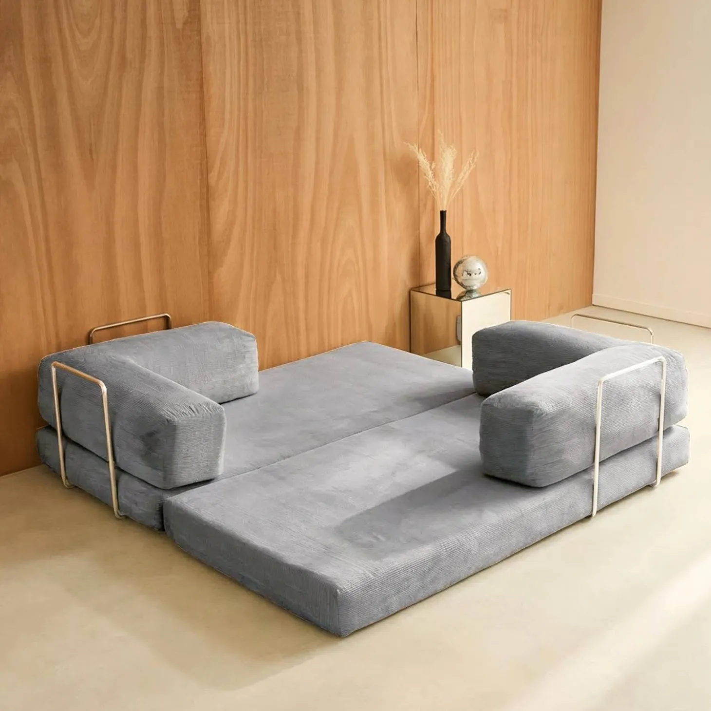 Sofá-cama conversível em veludo canelado com estrutura cromada, 3 lugares