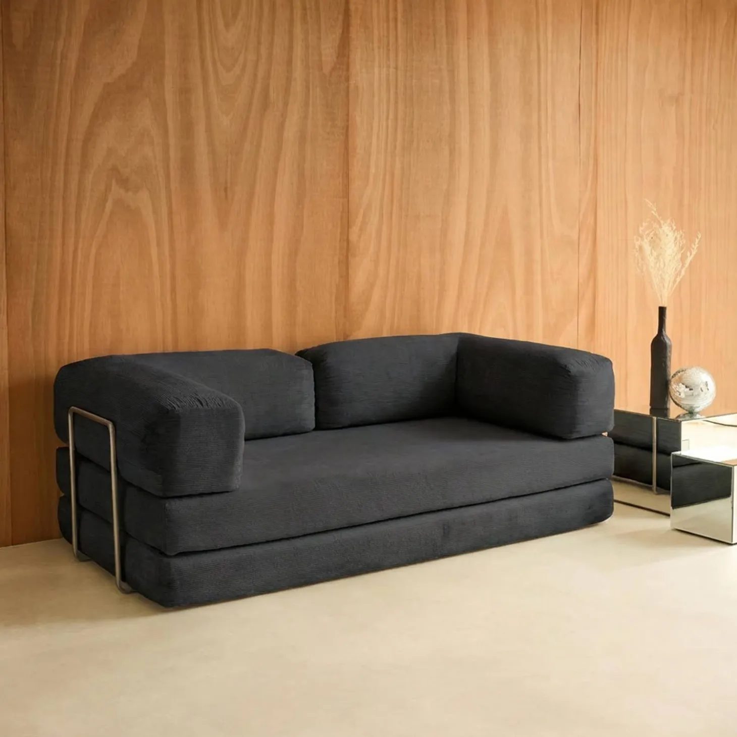 Sofá-cama conversível em veludo canelado com estrutura cromada, 3 lugares
