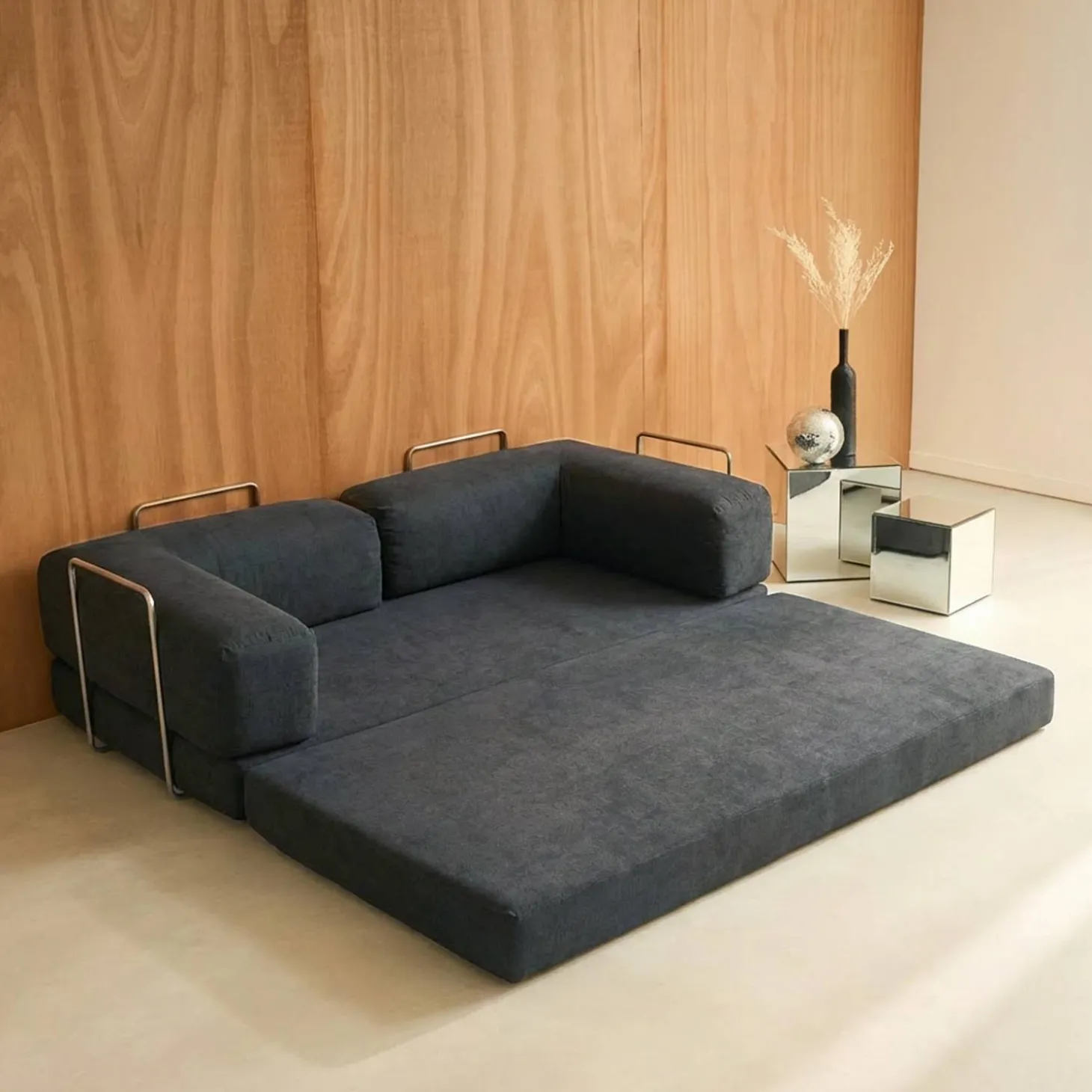 Sofá-cama conversível em veludo canelado com estrutura cromada, 3 lugares