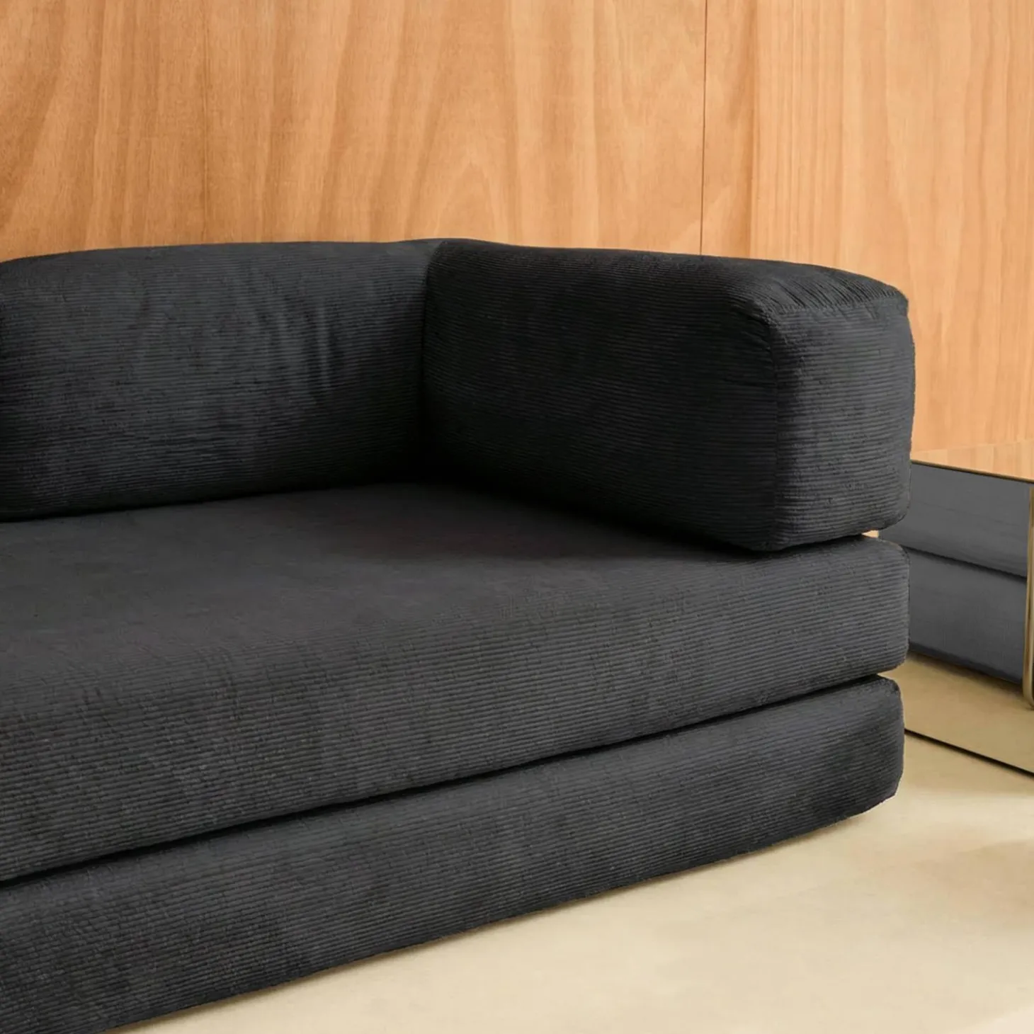 Sofá-cama conversível em veludo canelado com estrutura cromada, 3 lugares