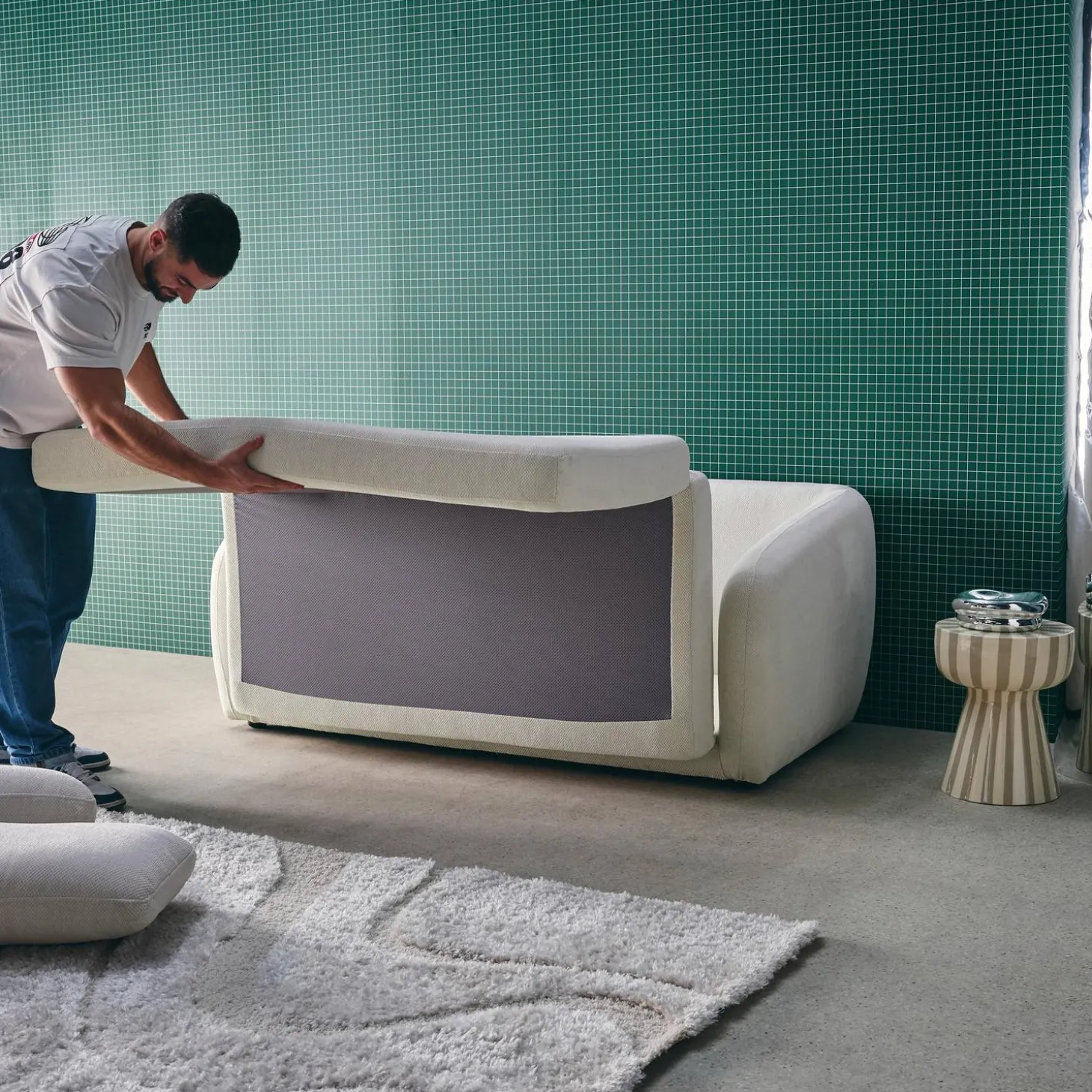 Sofá-cama conversível tecido chenille, 2 lugares