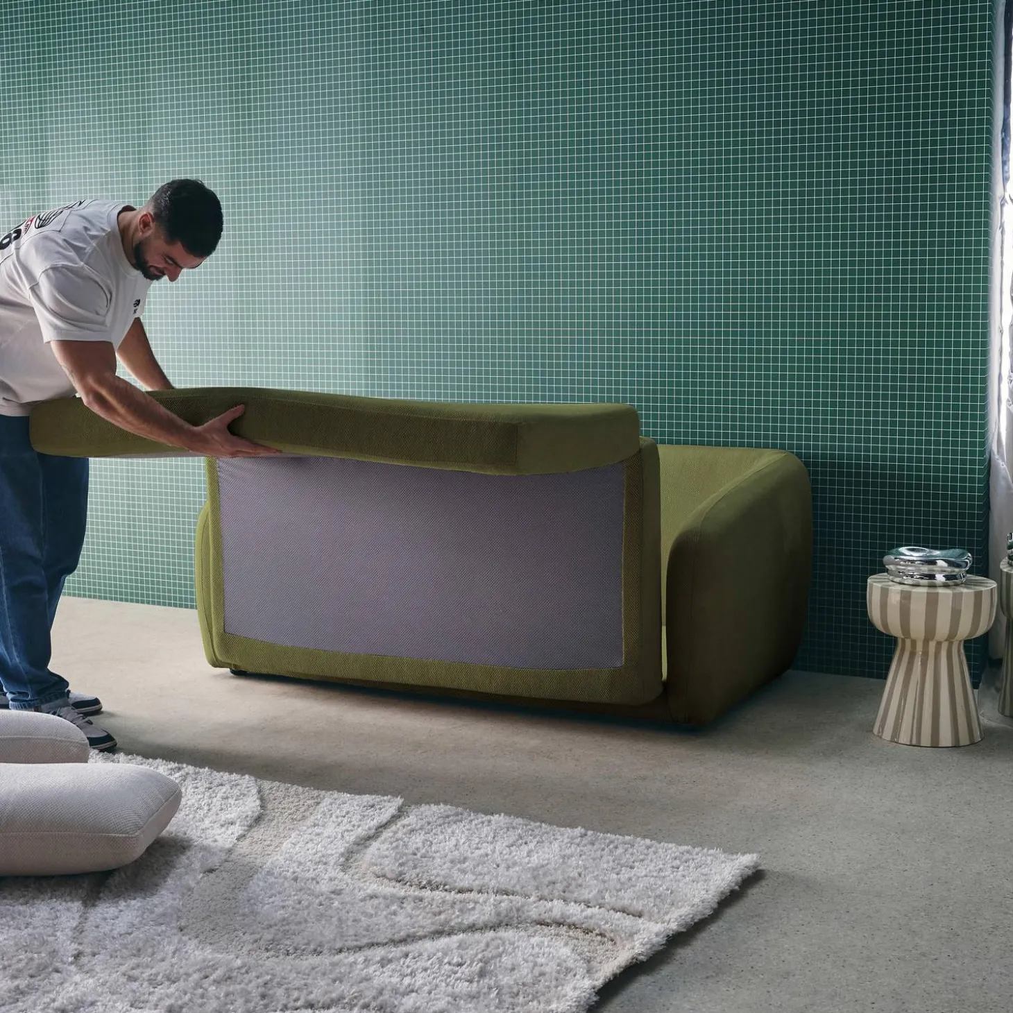 Sofá-cama conversível tecido chenille, 2 lugares