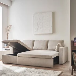 Sofá-cama de canto em veludo canelado, 3 lugares