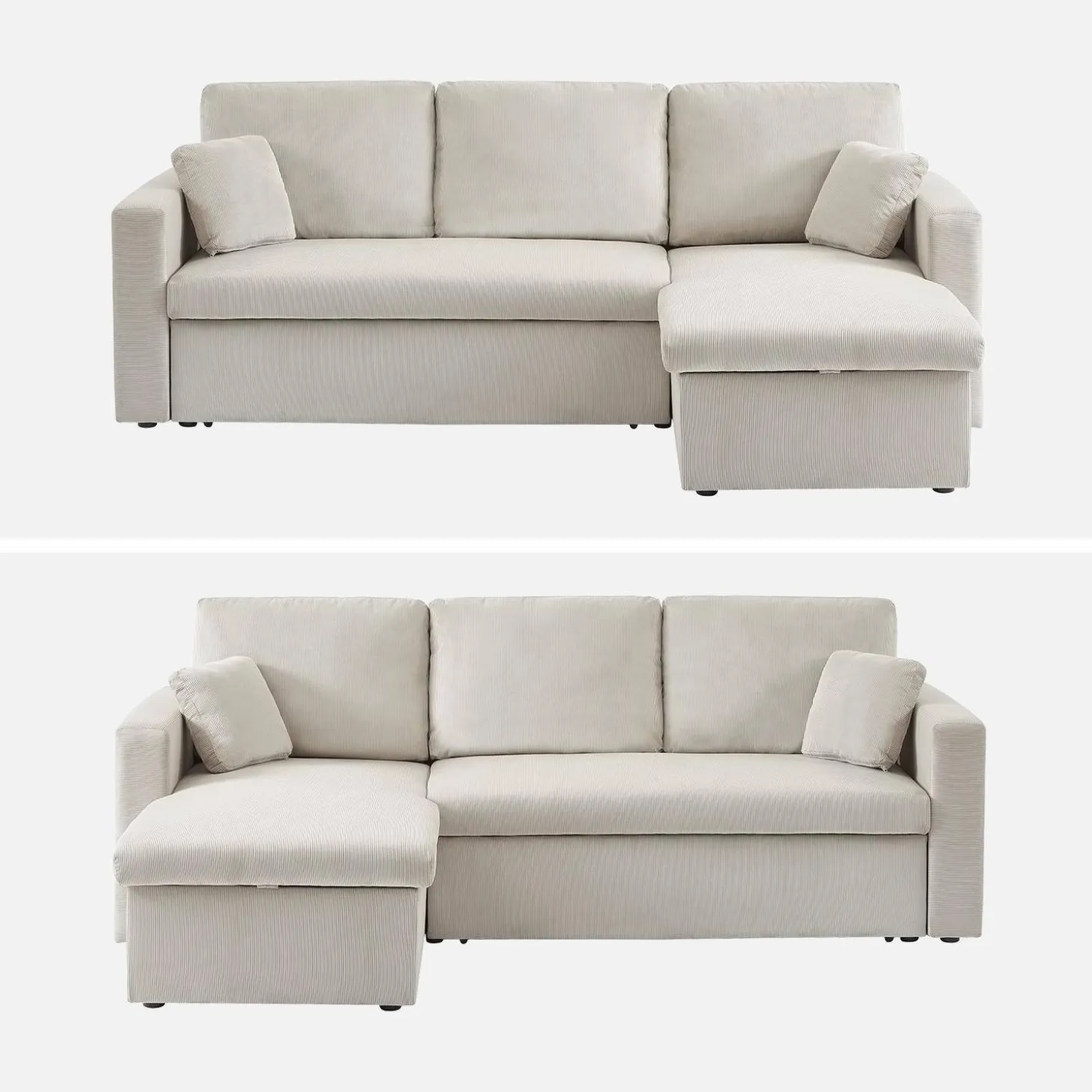 Sofá-cama de canto em veludo canelado, 3 lugares