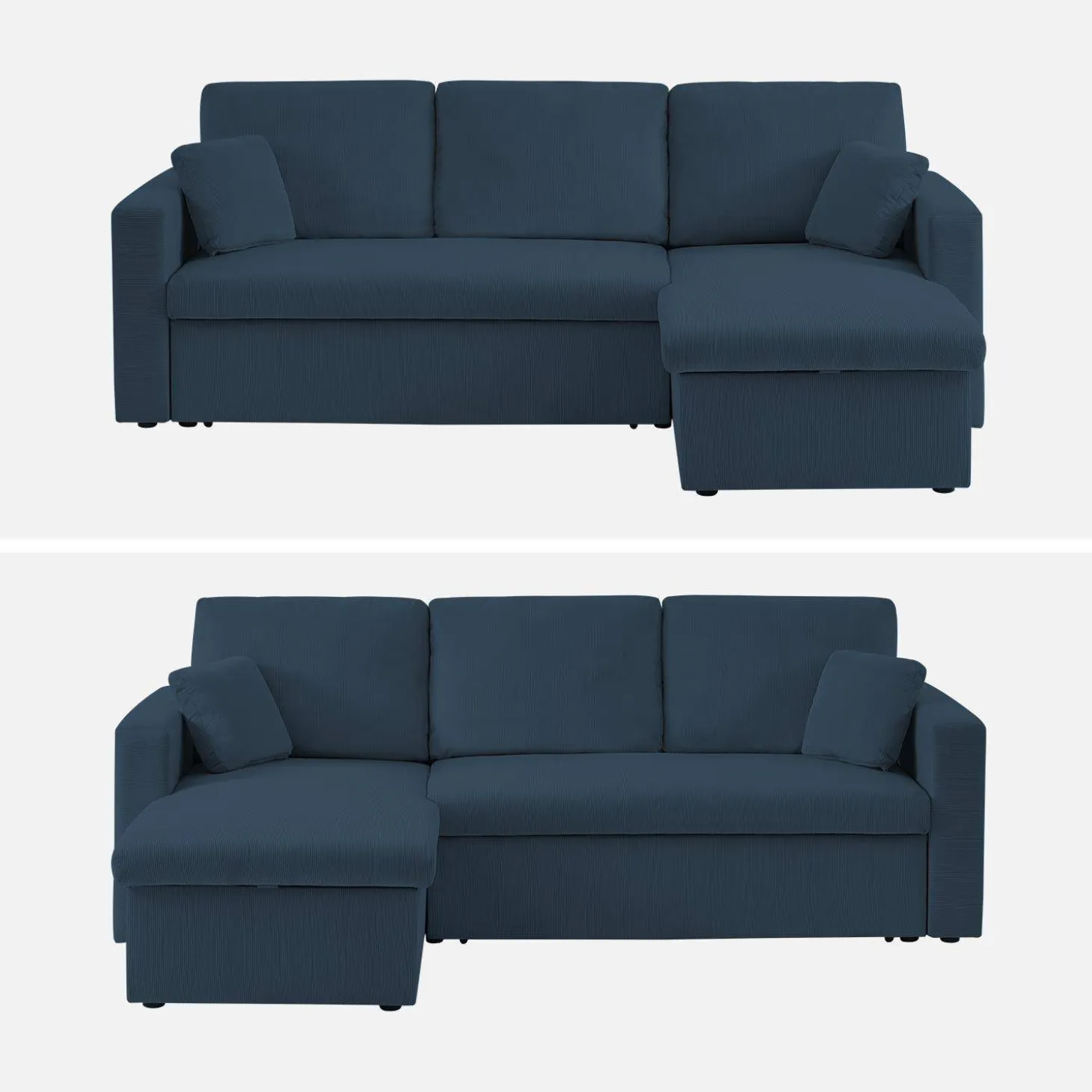 Sofá-cama de canto em veludo canelado, 3 lugares