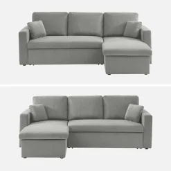Sofá-cama de canto em veludo canelado, 3 lugares