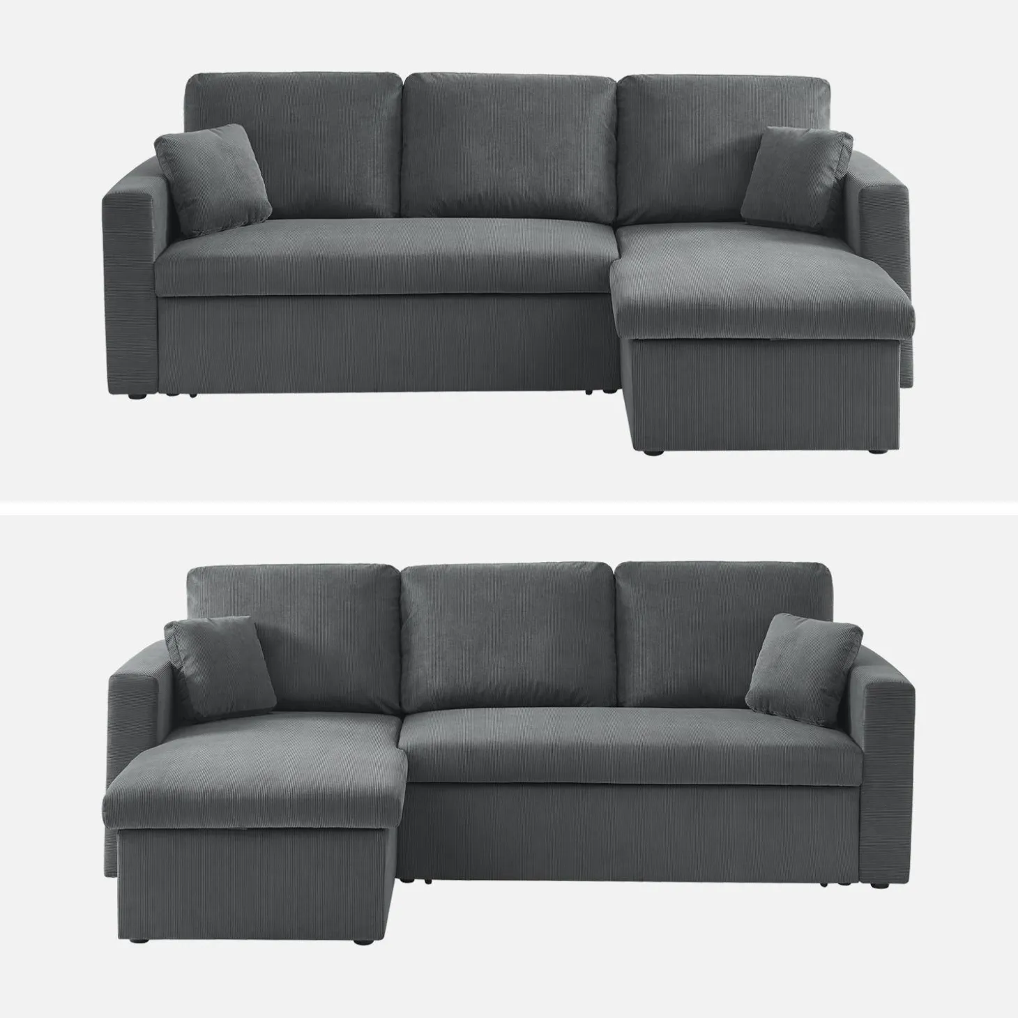 Sofá-cama de canto em veludo canelado, 3 lugares