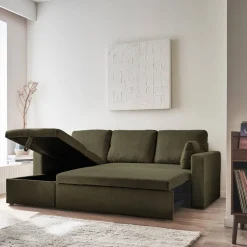 Sofá-cama de canto em veludo canelado, 3 lugares