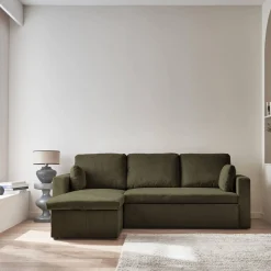 Sofá-cama de canto em veludo canelado, 3 lugares