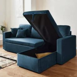 Sofá-cama de canto em veludo, 3 lugares