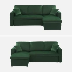 Sofá-cama de canto em veludo, 3 lugares