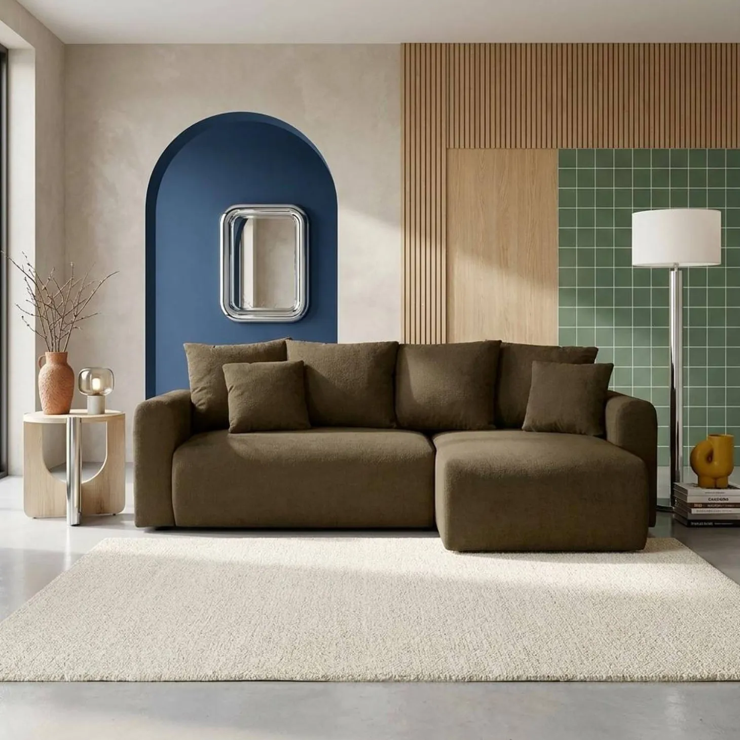 Sofá-cama de canto reversível em tecido chenille, 3 lugares