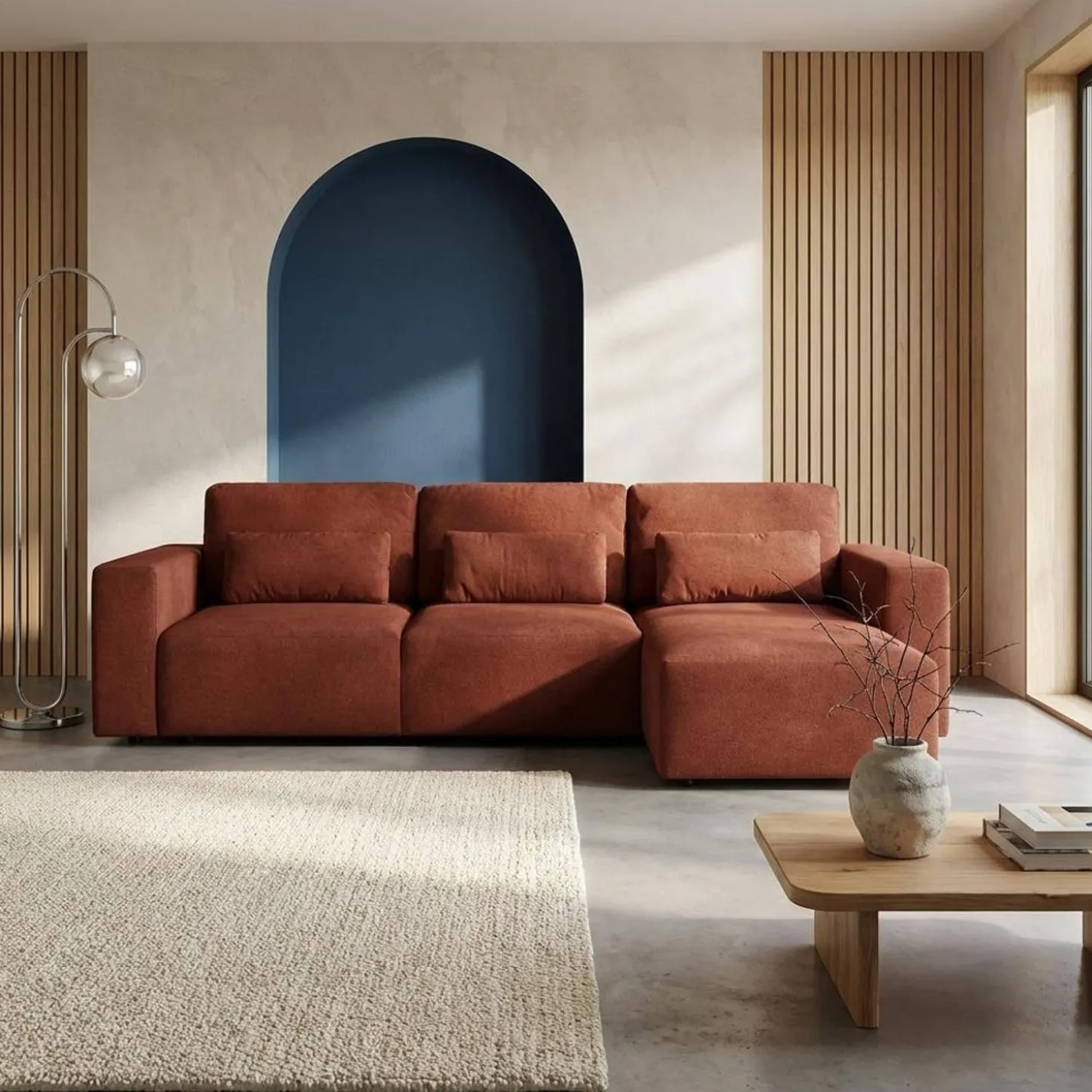 Sofá-cama de canto reversível em tecido chenille, 3 lugares