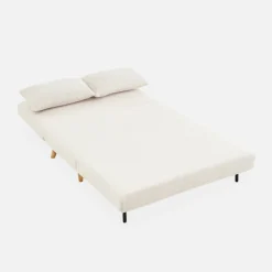 Sofá-cama em tecido bouclé com pés em madeira, 2 lugares