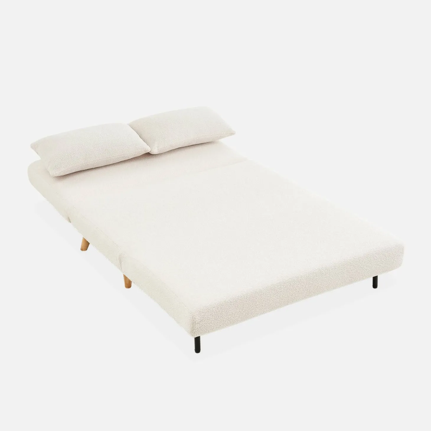 Sofá-cama em tecido bouclé com pés em madeira, 2 lugares