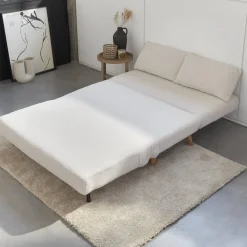 Sofá-cama em tecido bouclé com pés em madeira, 2 lugares