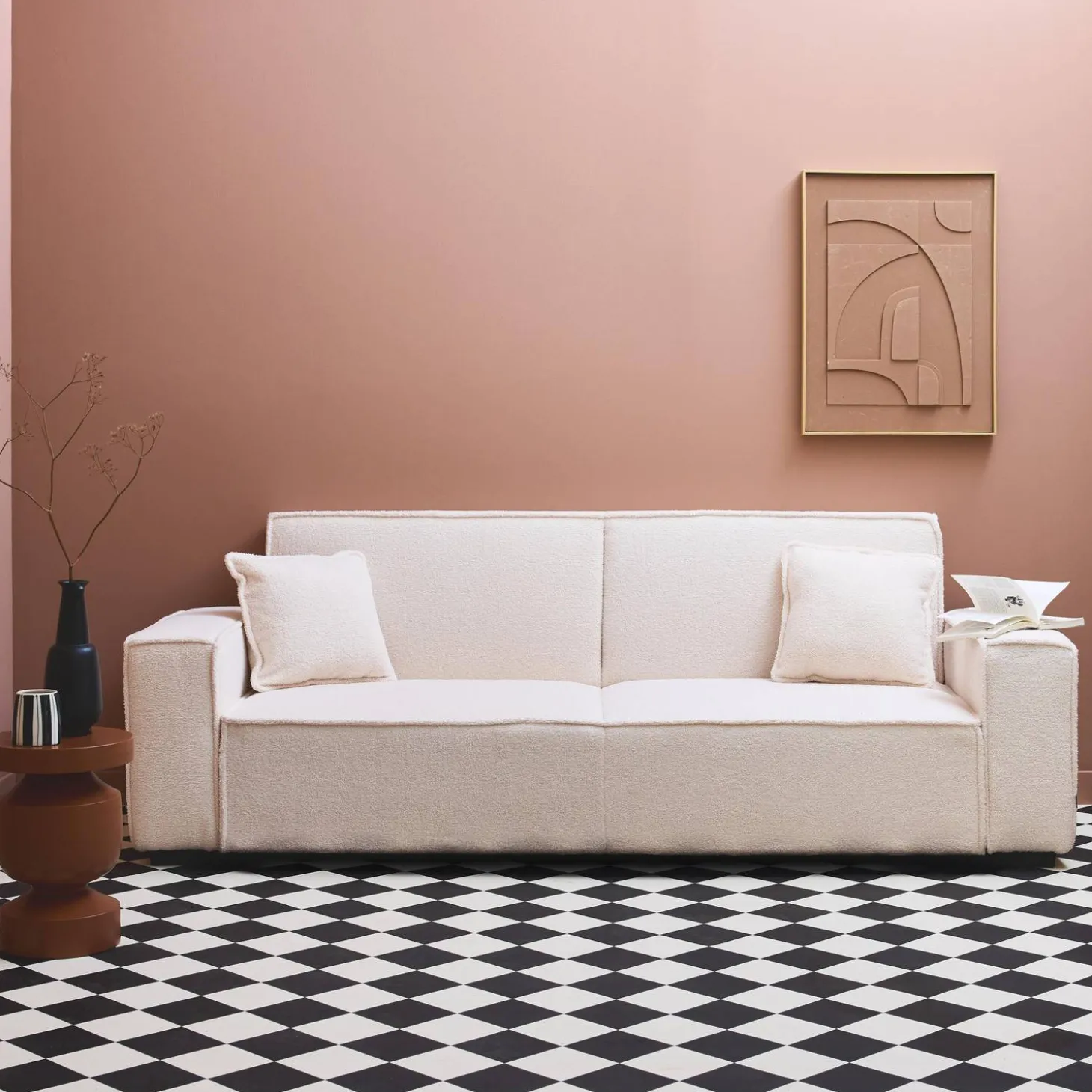 Sofá-cama em tecido bouclé creme, 3 lugares