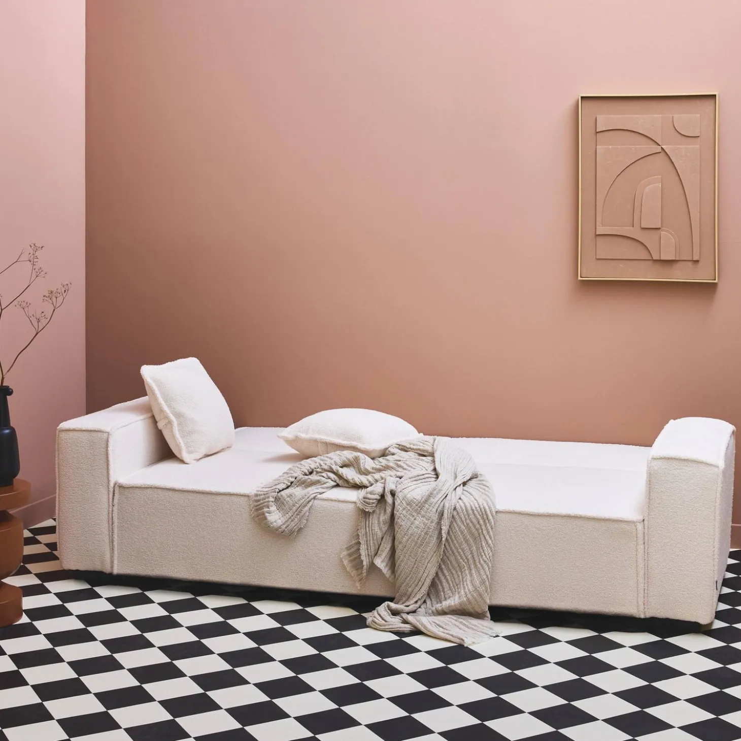 Sofá-cama em tecido bouclé creme, 3 lugares