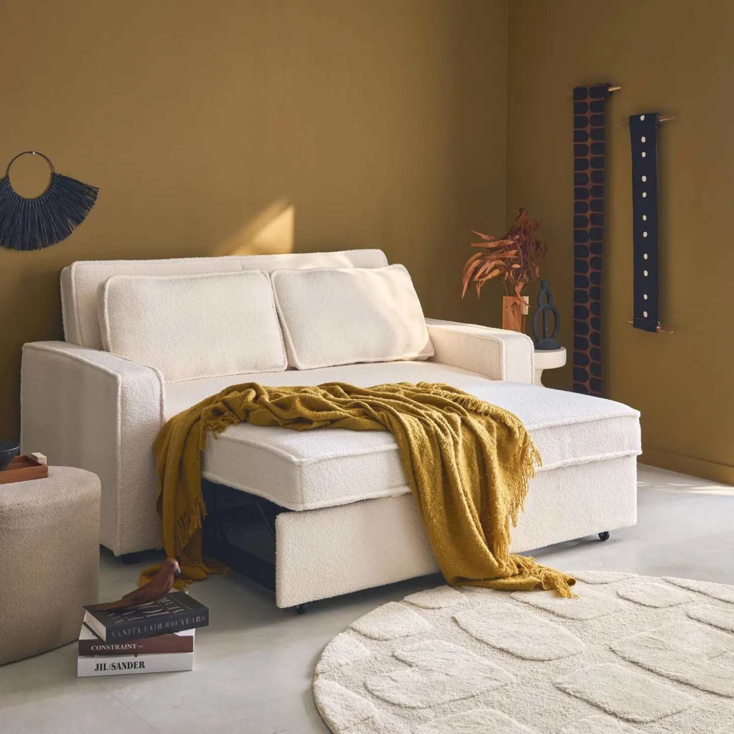 Sofá-cama em tecido bouclé, 2 lugares