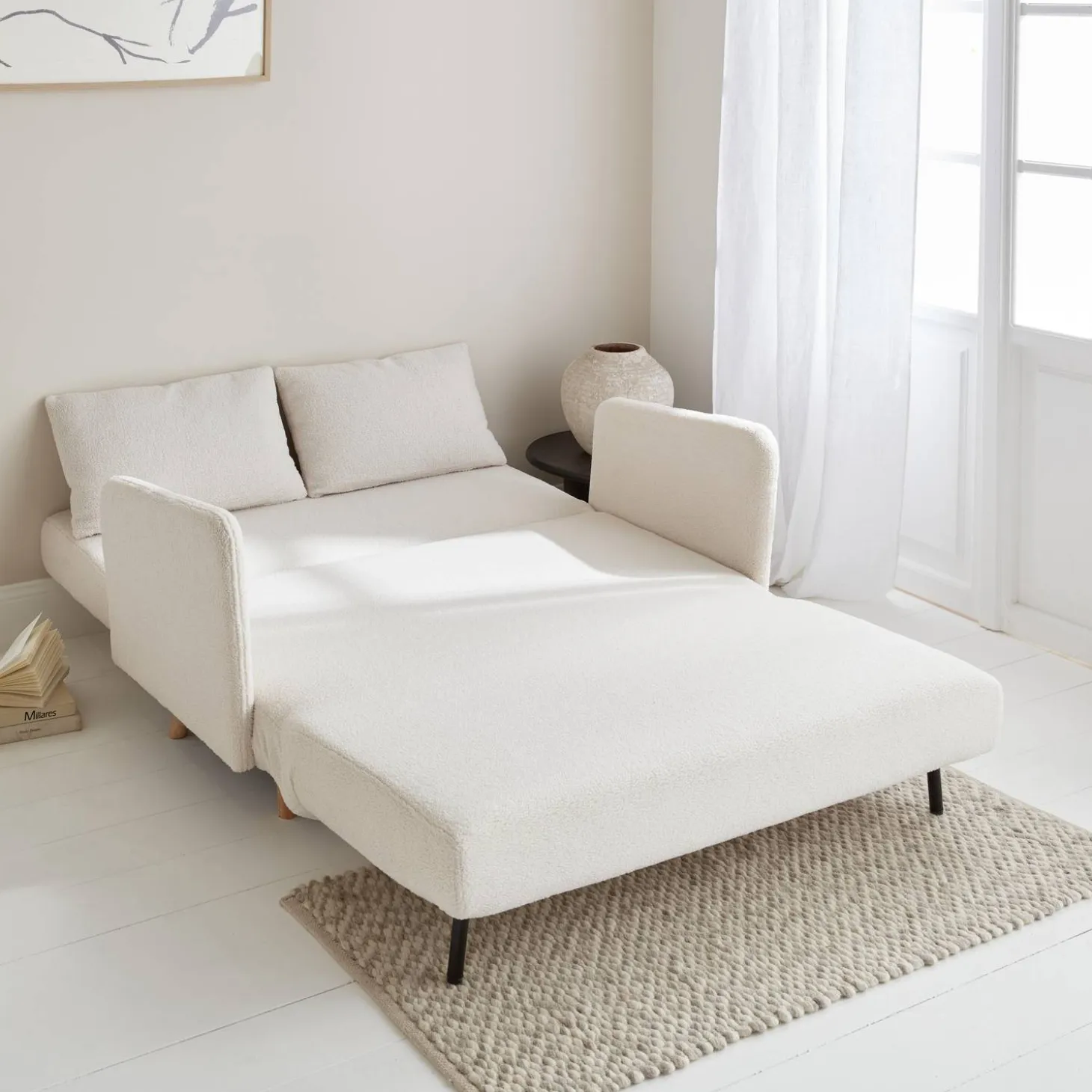 Sofá-cama em tecido bouclé, 2 lugares