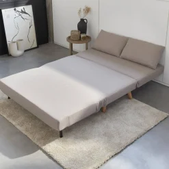 Sofá-cama em tecido com pés em madeira, 2 lugares
