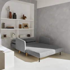 Sofá-cama em veludo canelado com pernas de madeira de 2 lugares