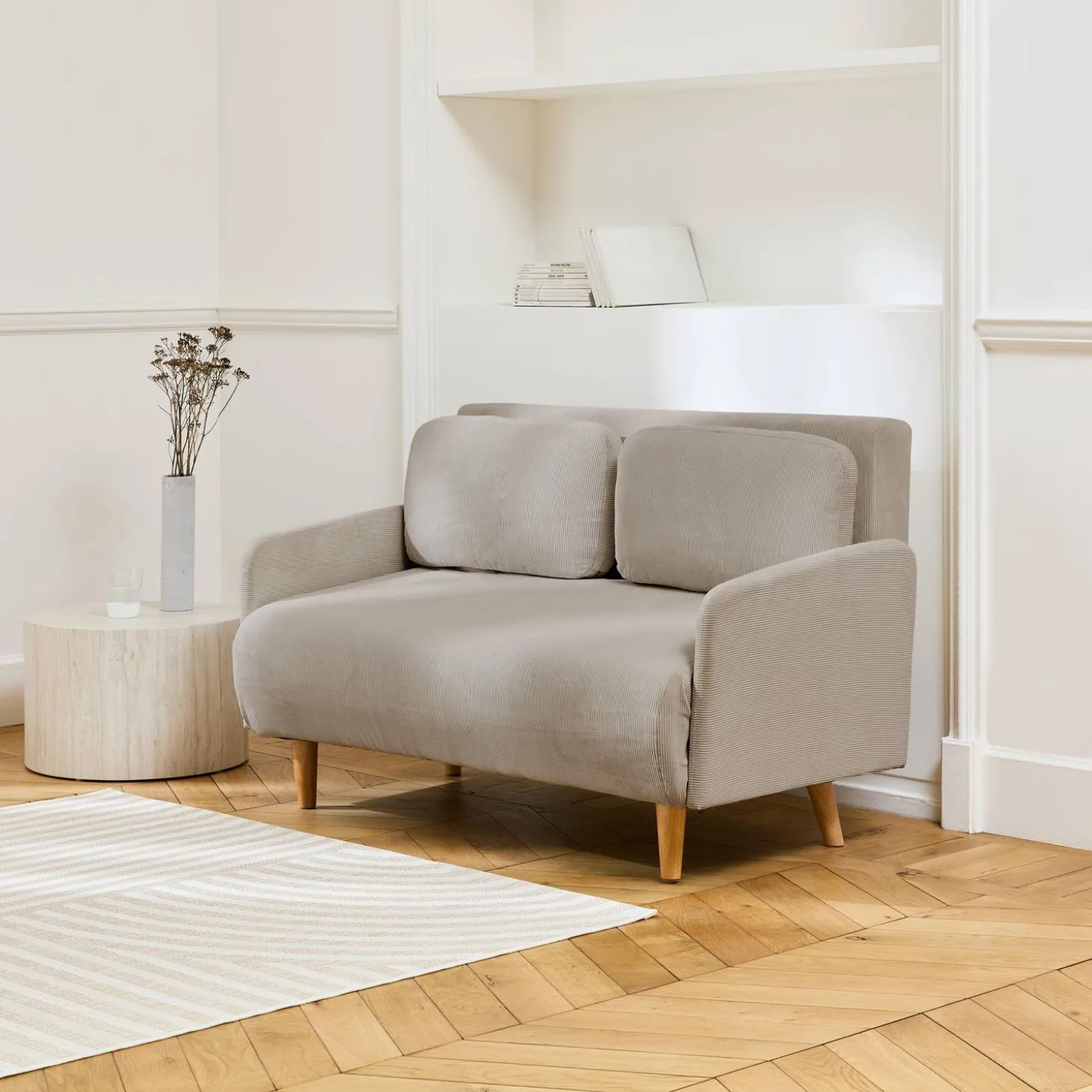 Sofá-cama em veludo canelado fino, 2 lugares