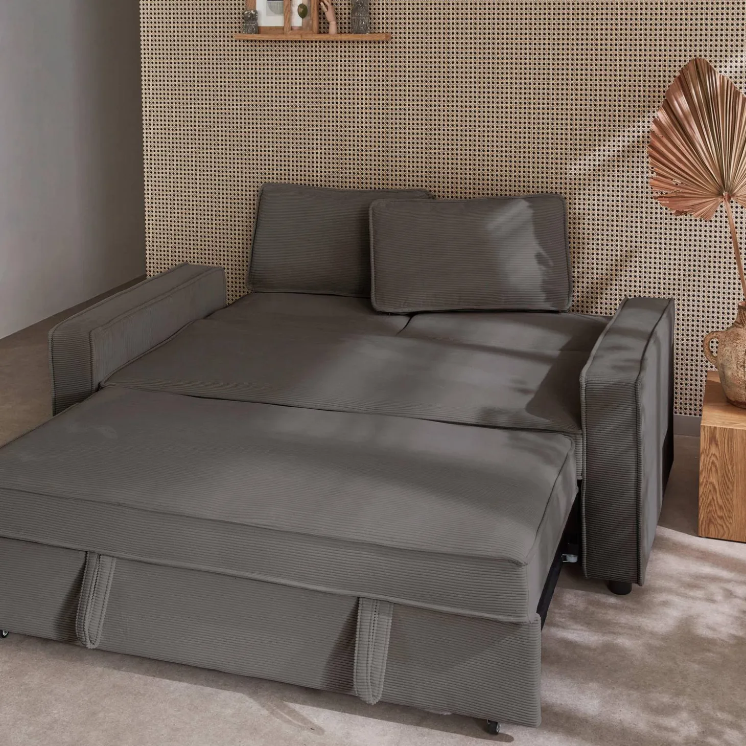 Sofá-cama em veludo canelado, 2 lugares