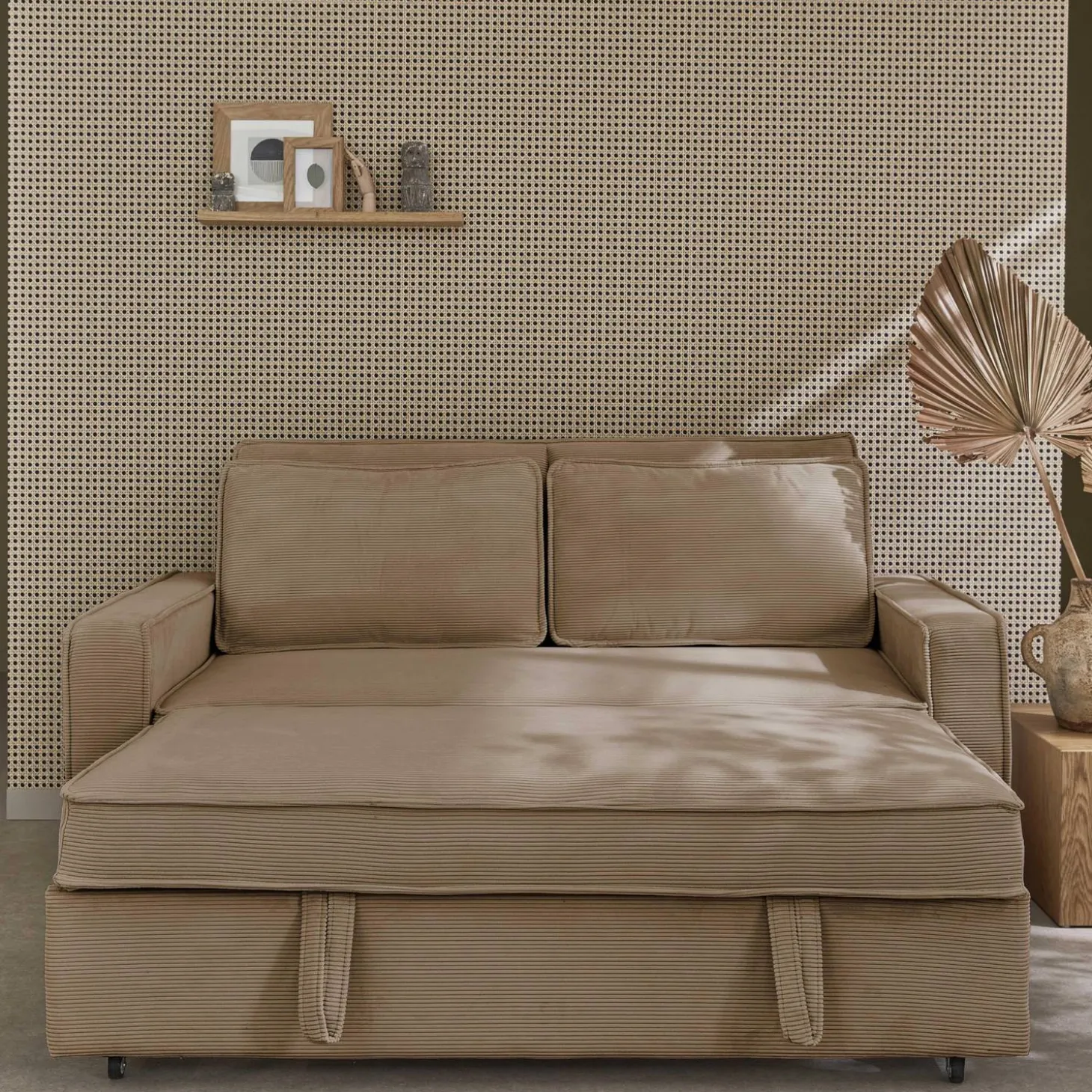 Sofá-cama em veludo canelado, 2 lugares