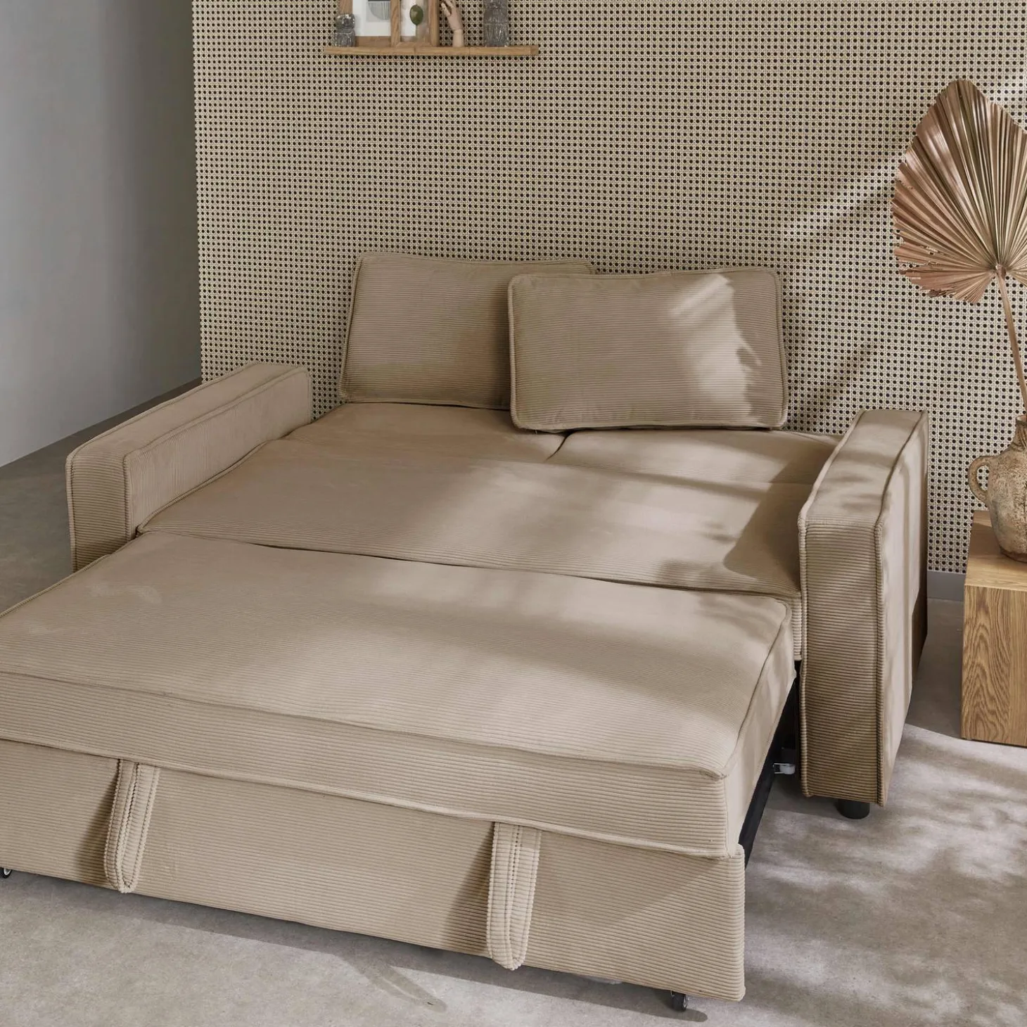 Sofá-cama em veludo canelado, 2 lugares