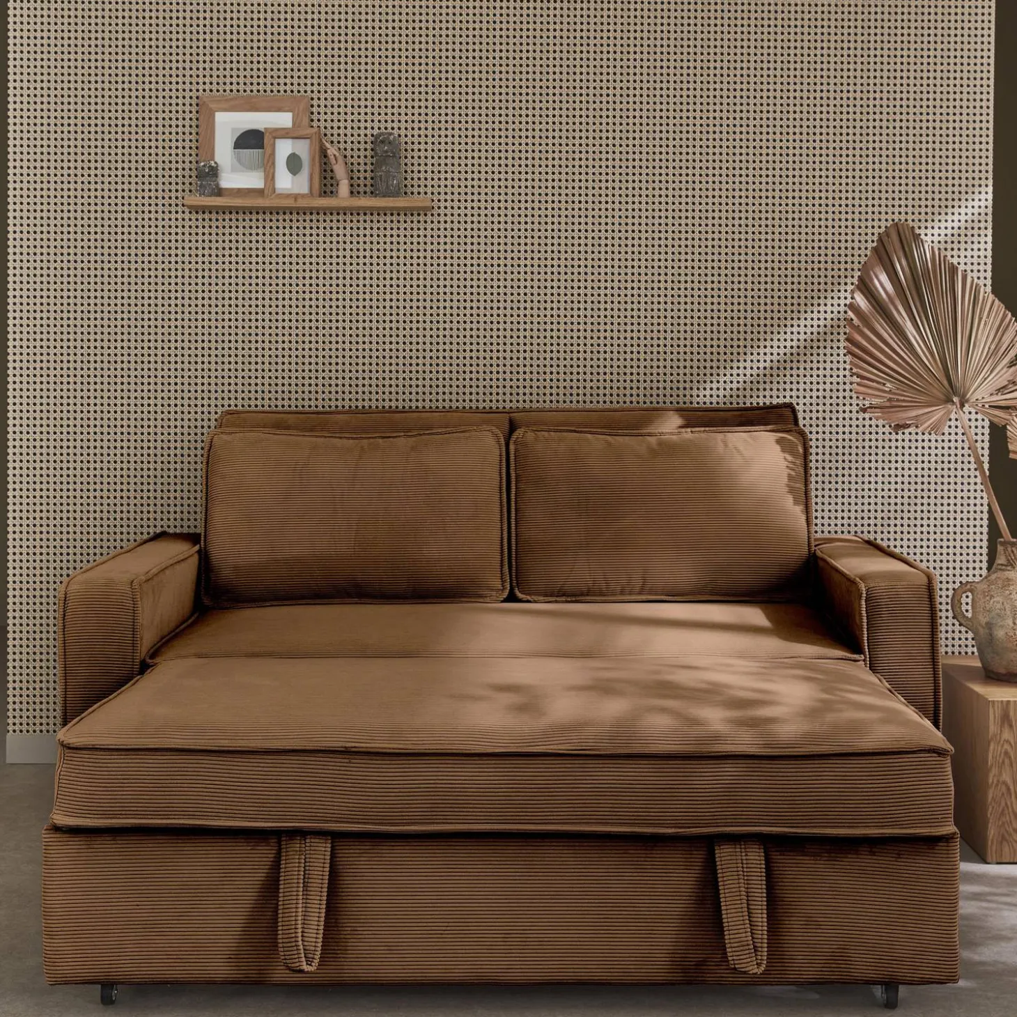 Sofá-cama em veludo canelado, 2 lugares