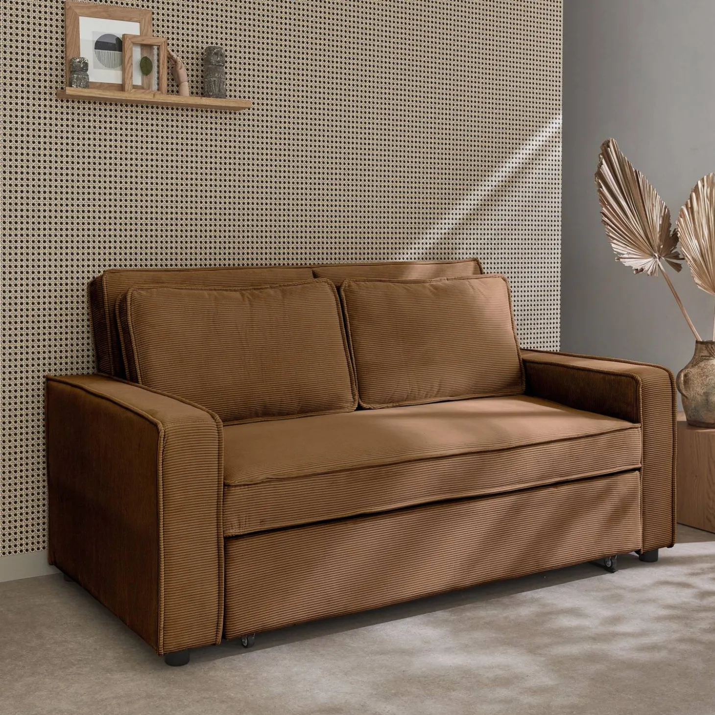 Sofá-cama em veludo canelado, 2 lugares