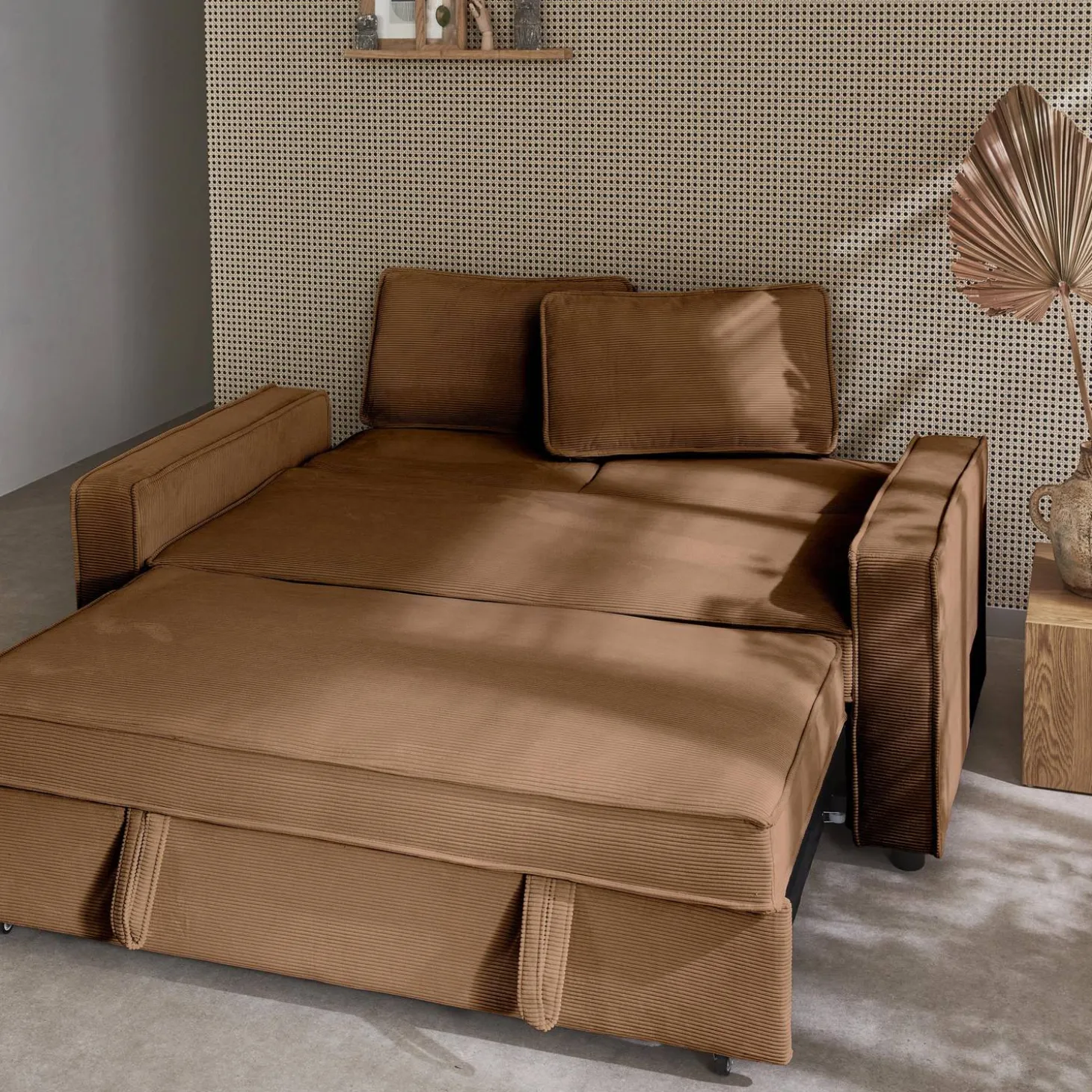 Sofá-cama em veludo canelado, 2 lugares