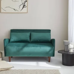 Sofá-cama em veludo com pernas de madeira, 2 lugares