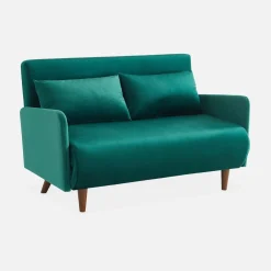 Sofá-cama em veludo com pernas de madeira, 2 lugares