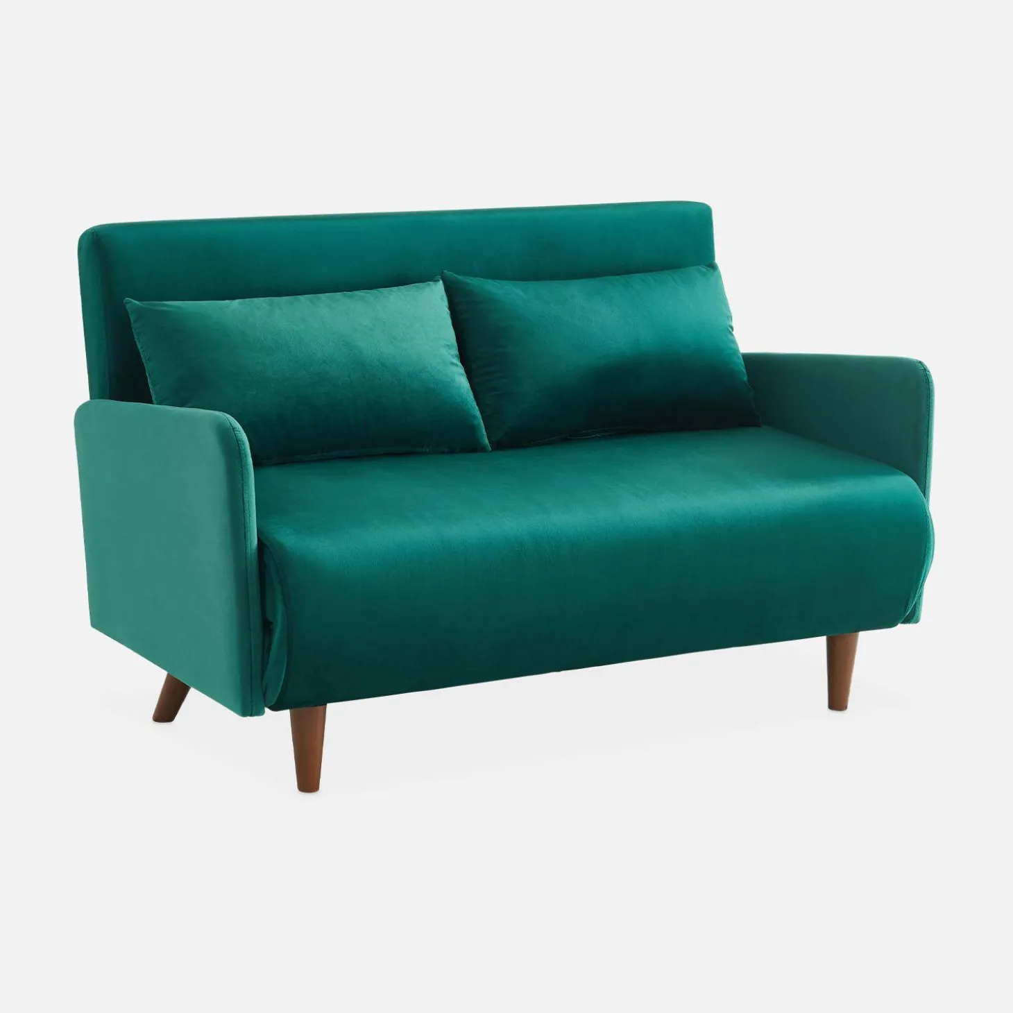 Sofá-cama em veludo com pernas de madeira, 2 lugares