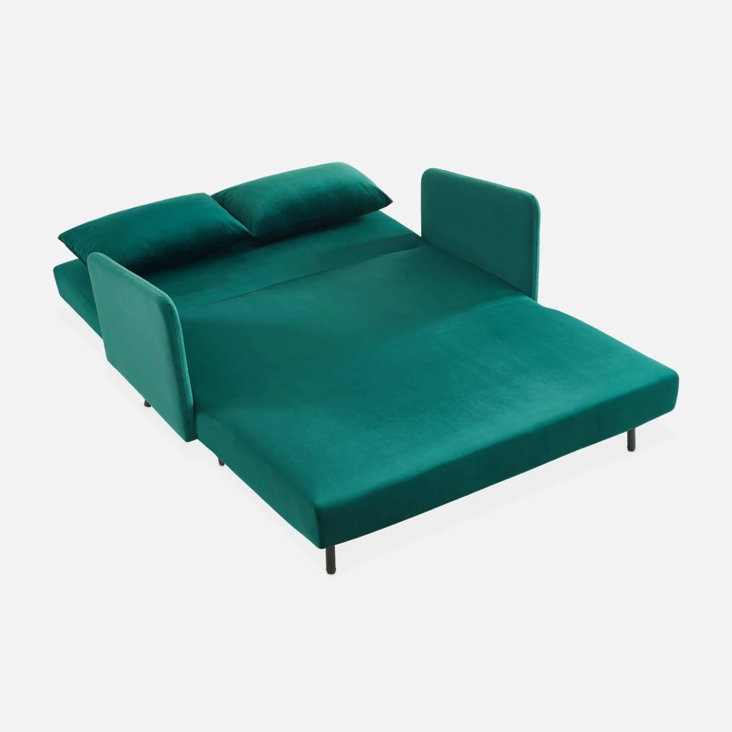 Sofá-cama em veludo com pernas de madeira, 2 lugares