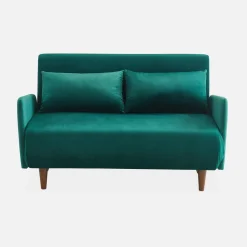 Sofá-cama em veludo com pernas de madeira, 2 lugares
