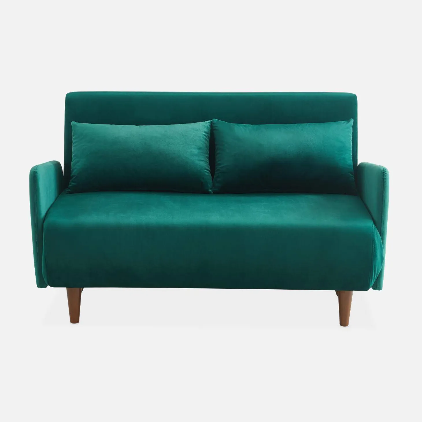 Sofá-cama em veludo com pernas de madeira, 2 lugares