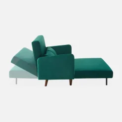 Sofá-cama em veludo com pernas de madeira, 2 lugares