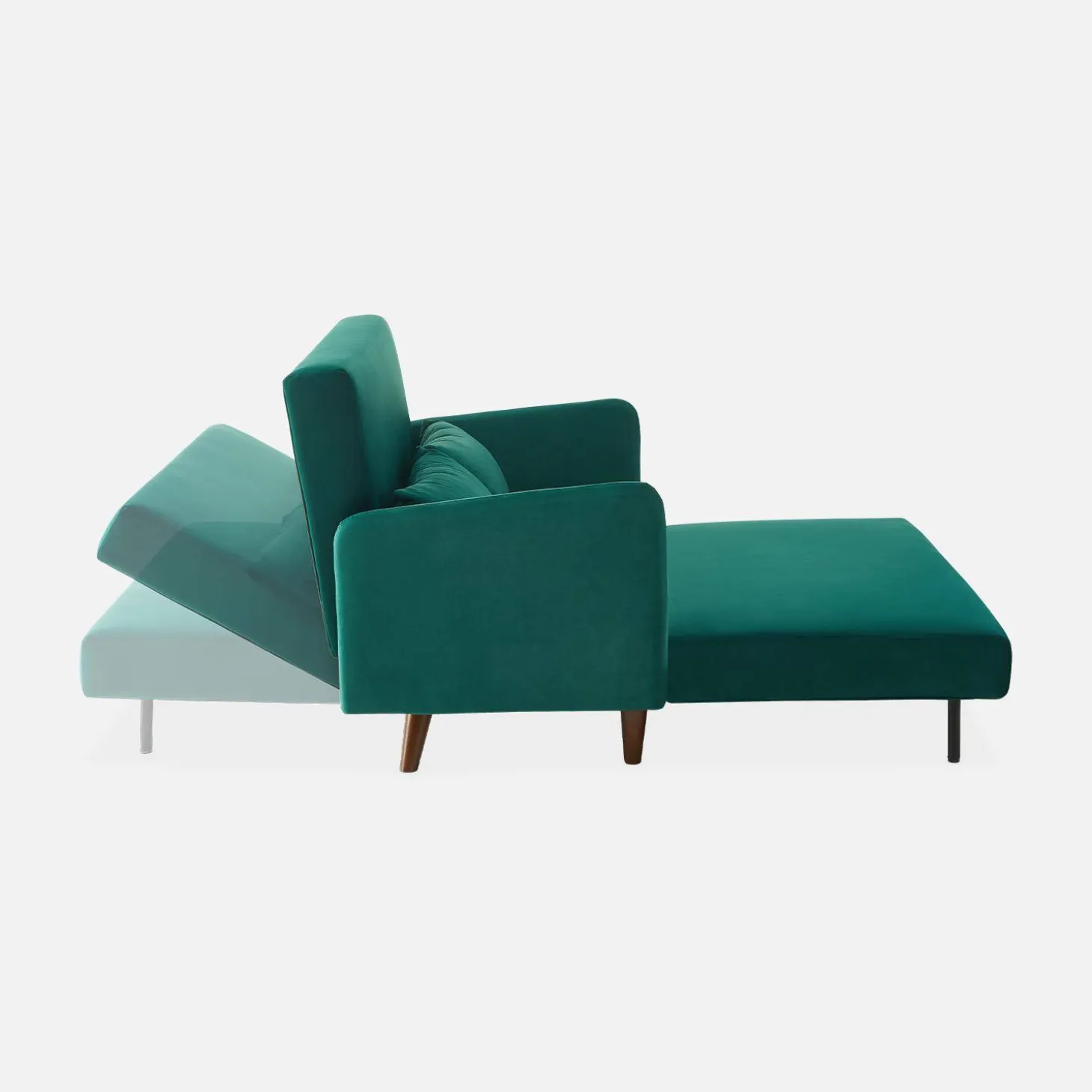 Sofá-cama em veludo com pernas de madeira, 2 lugares