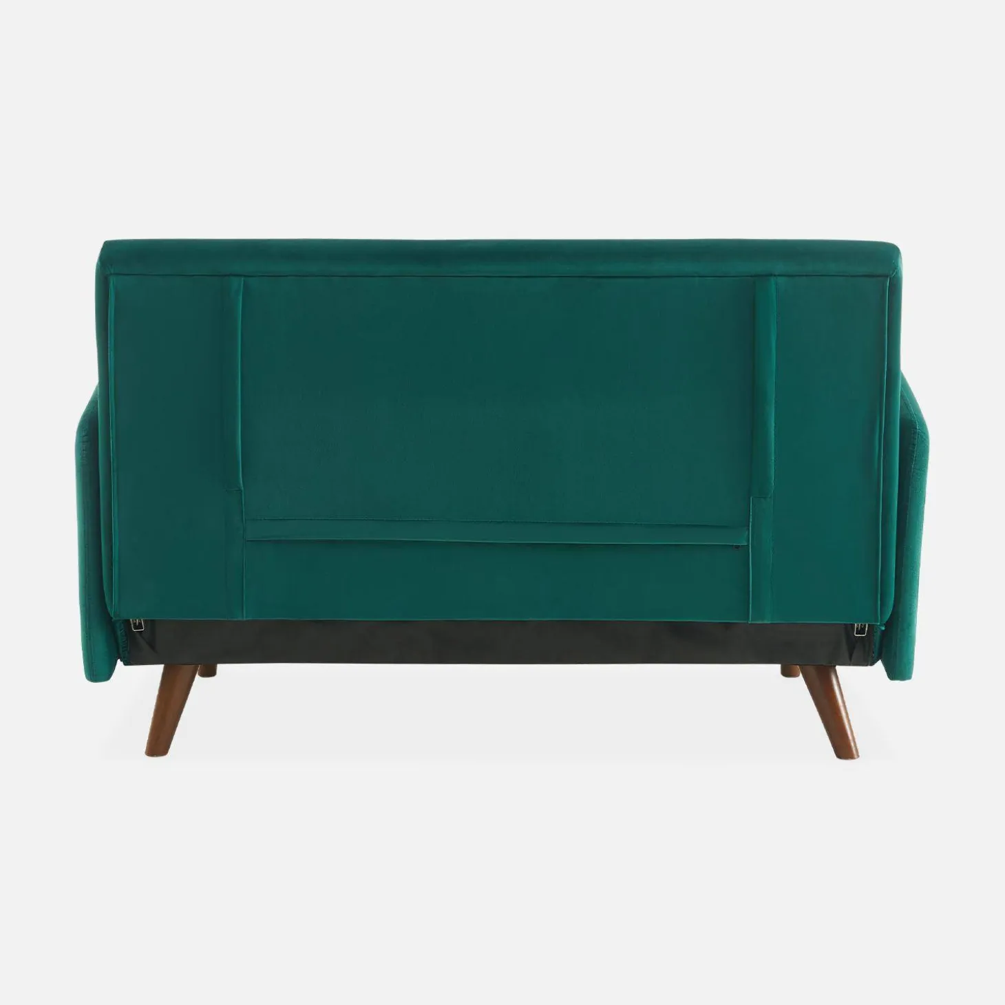 Sofá-cama em veludo com pernas de madeira, 2 lugares