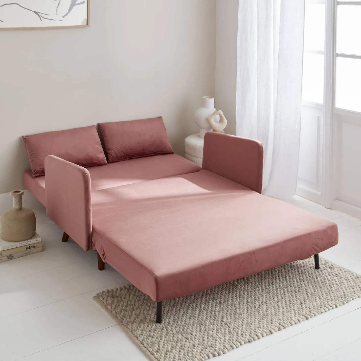Sofá-cama em veludo com pernas de madeira, 2 lugares
