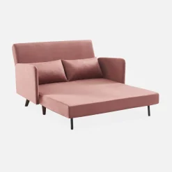 Sofá-cama em veludo com pernas de madeira, 2 lugares