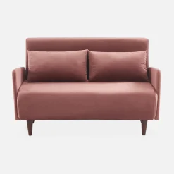 Sofá-cama em veludo com pernas de madeira, 2 lugares